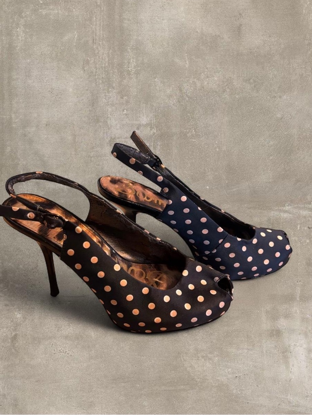 Y2K Sam Edelman Black Polka Dot Slingback Peep-Toe Heels - Picture 2 of 3